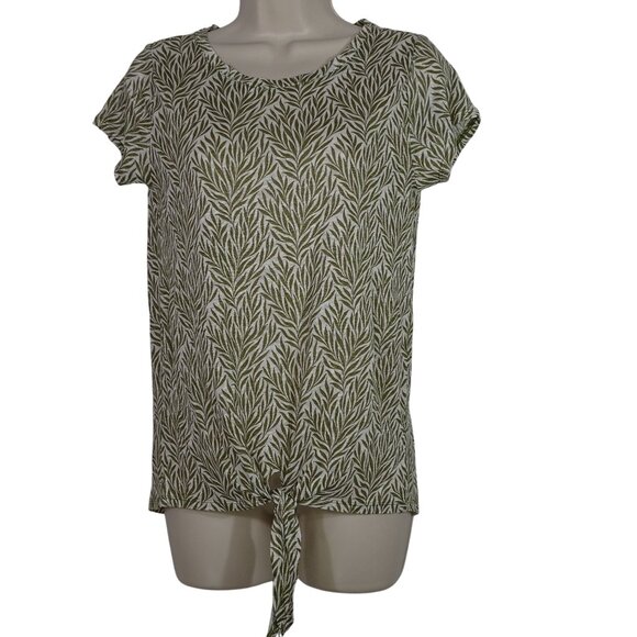 Ann Taylor Loft Leaf Print Linen Tie Front Top Women Size XS Green  Short Sleeve - Picture 1 of 8